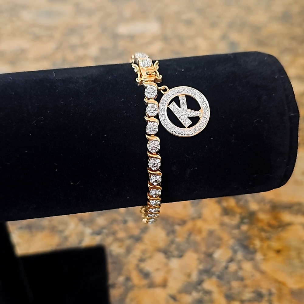 Rhodium plated sterling silver bracelet with faceted silver and initial K - Picture 1 of 5